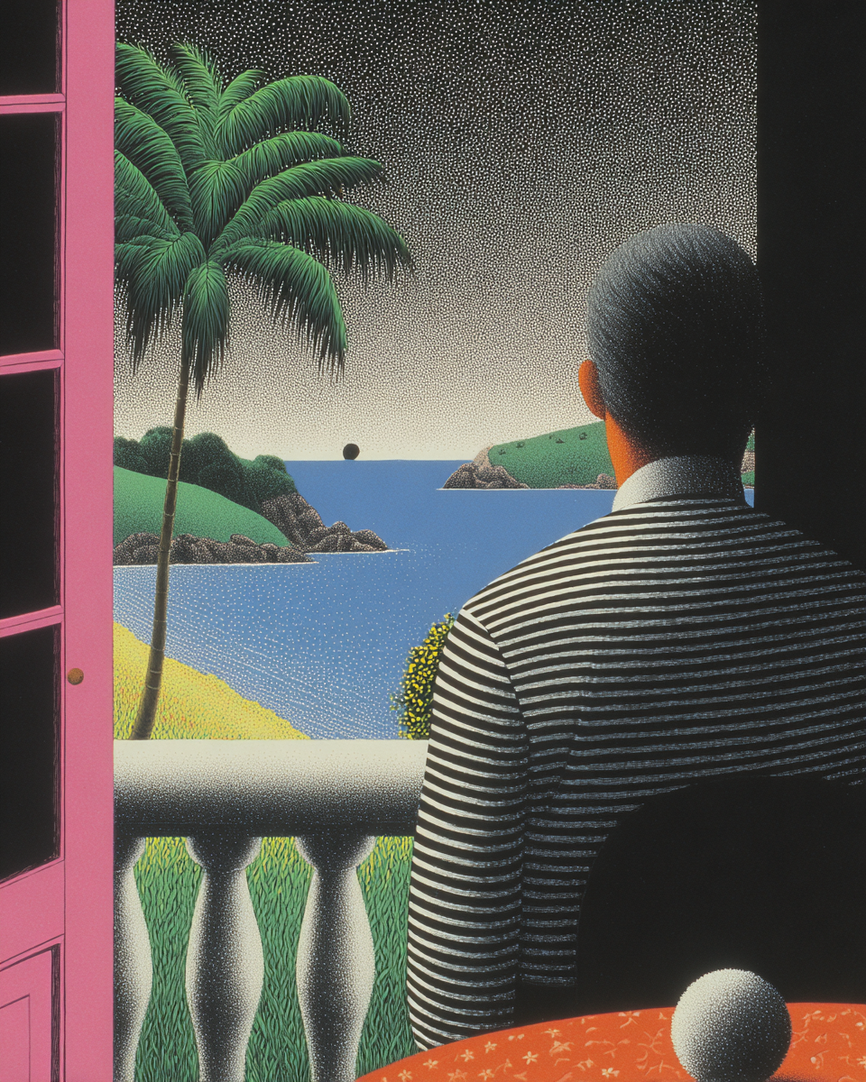 A figure sitting on a balcony, gazing at the calm blue sea-a visual metaphor for balance between solitude and connection.