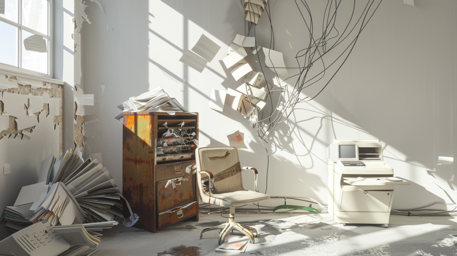 Sunlit abandoned office space with a worn chair, scattered papers, and tangled cables