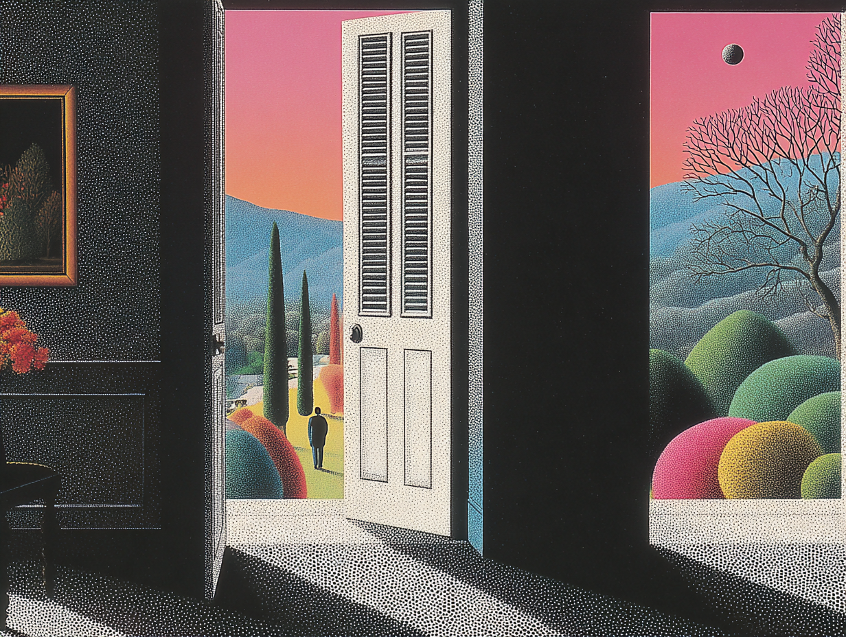 A figure walking out from a dark room through an open door into a bright, colorful landscape-a visual metaphor for the transition from inner reflection to outer connection.