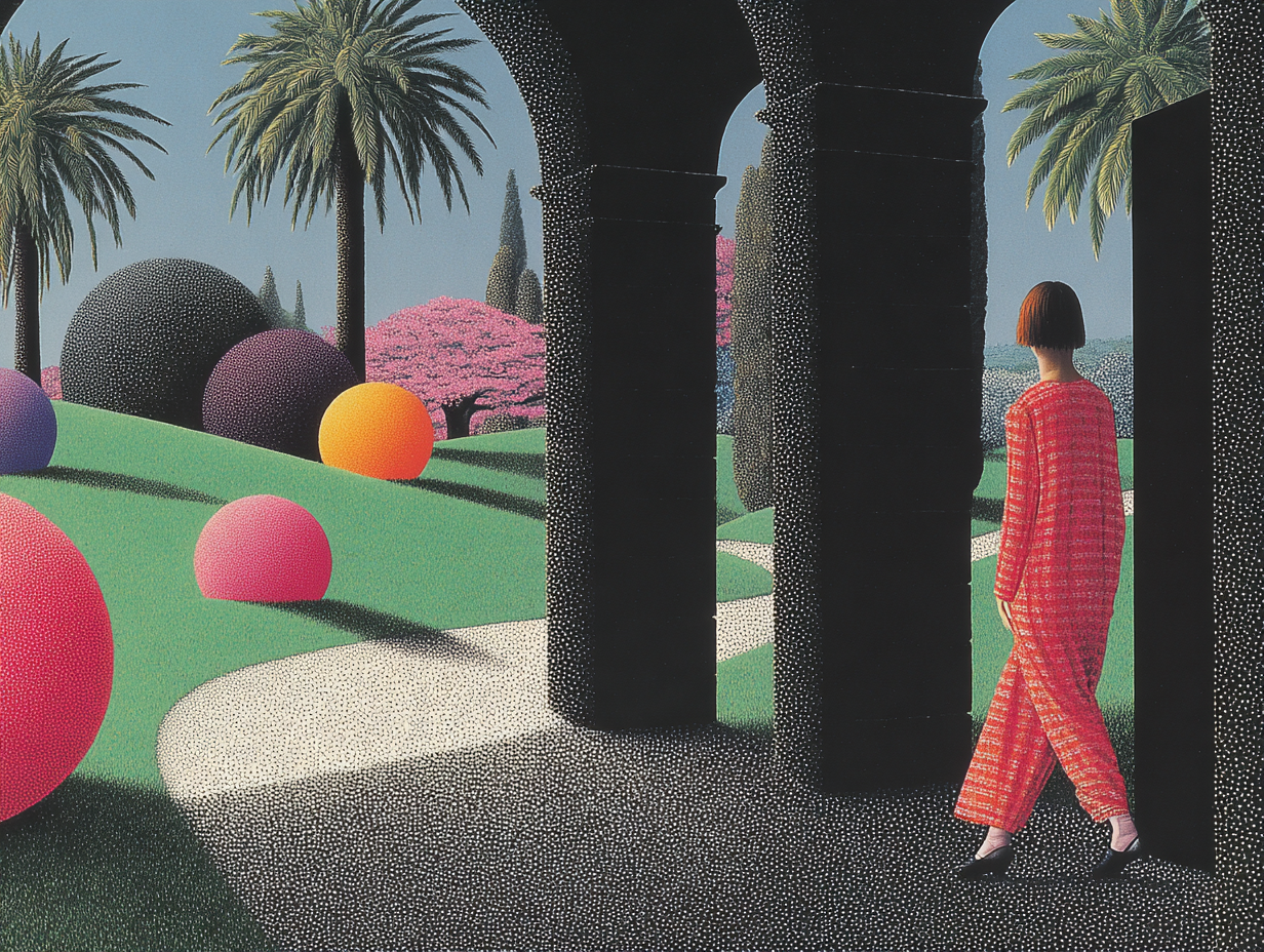 A Figure walking through dark arches into a bright garden-symbolizing the calm freedom of returning to one's inner world.