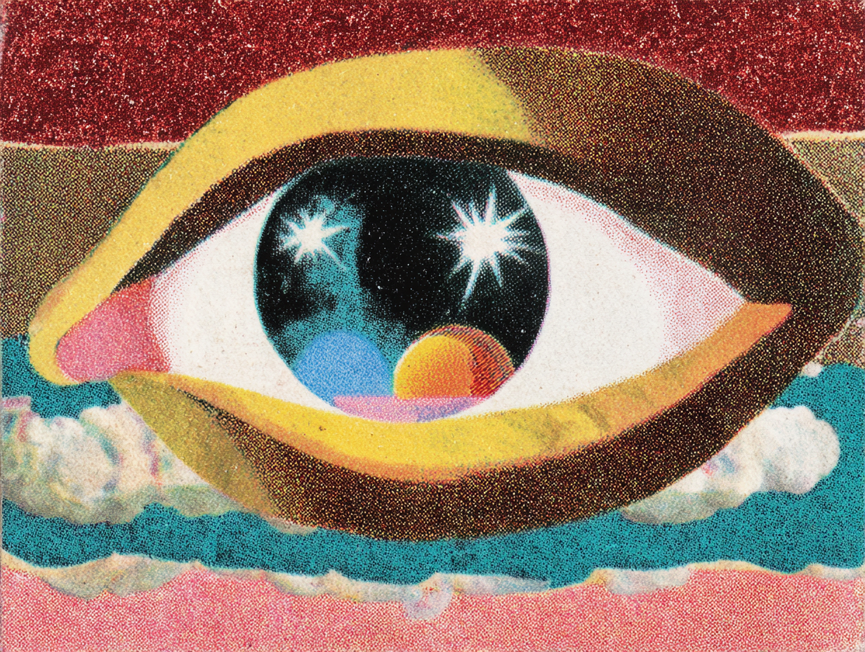 Surreal image of an eye reflecting stars and planets — symbolizing the universe of emotion and inner infinity.