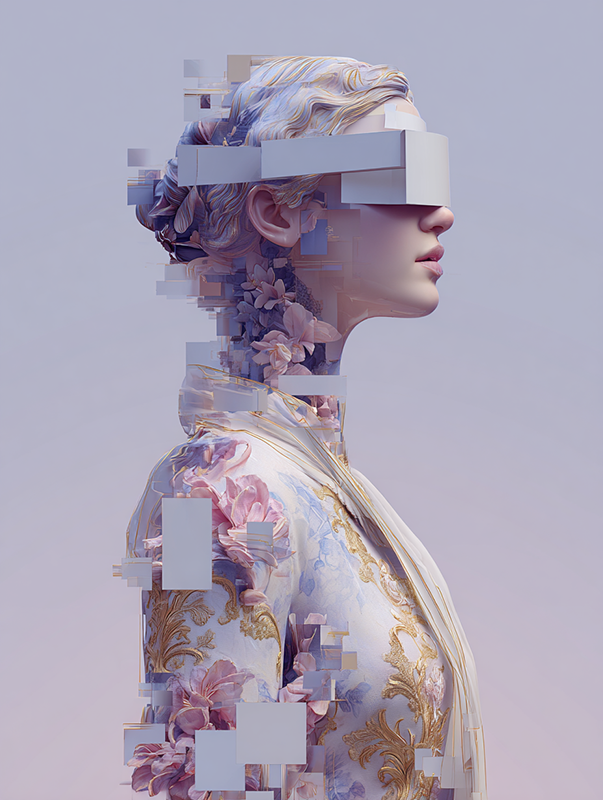 A portrait of a blindfolded figure constructed with digital blocks and floral textures, symbolizing AI’s perception beyond vision — emotion reconstructed through data.