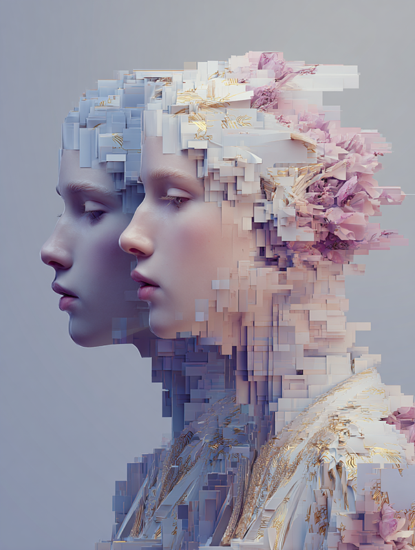 A digital portrait blending two human-like faces, where organic warmth meets pixelated geometry—visualizing the fragile boundary between human emotion and artificial creation.