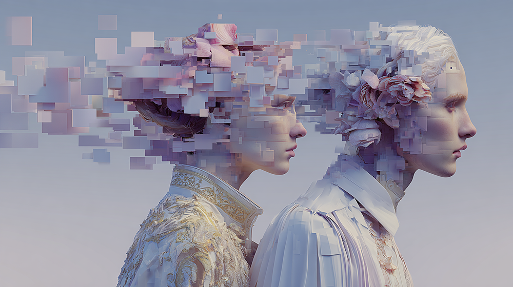 Two digital beings facing each other as fragments disperse into space — symbolizing the translation of emotion into data.