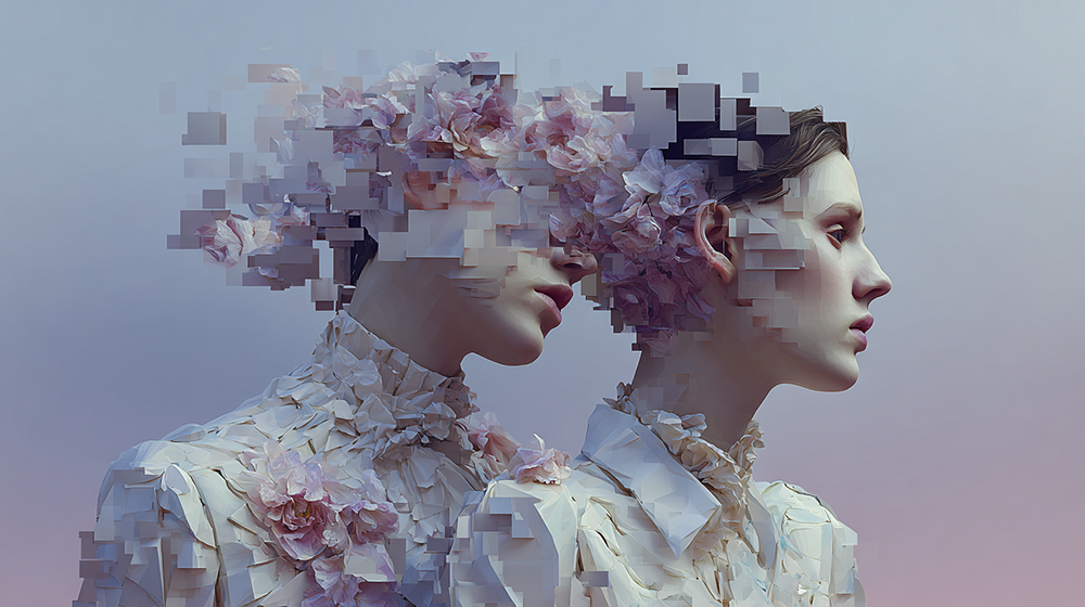 A digital portrait of one figure whispering to another, where petals and pixels intertwine — depicting the transfer of emotion into algorithmic form.
