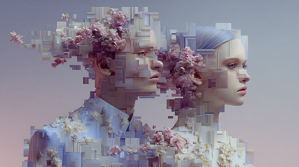Two digital beings interwoven with petals and geometric fragments, symbolizing the harmony between human emotion and artificial structure.