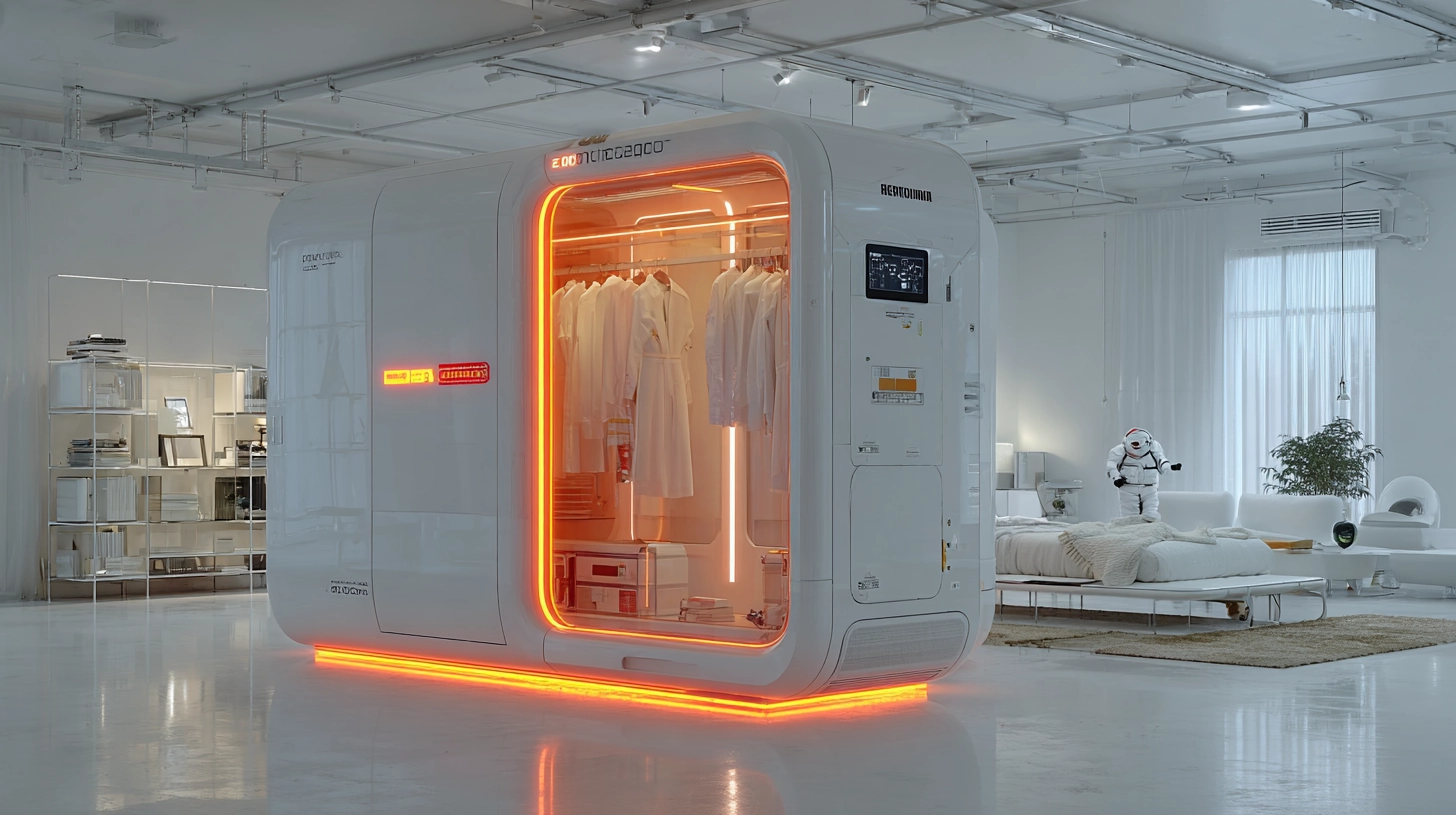 A futuristic smart closet glowing with warm orange light, automatically managing clothes in a minimal modern interior.