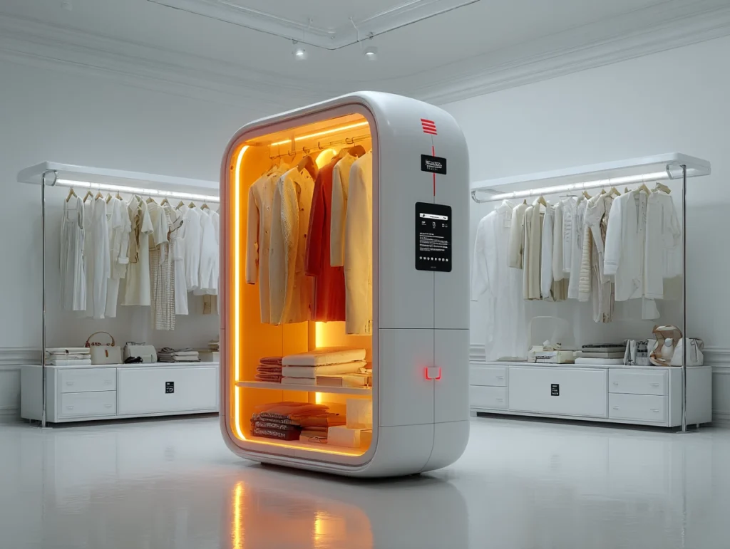 A futuristic smart closet equipped with an AI interface softly illuminated in a minimalist interior.