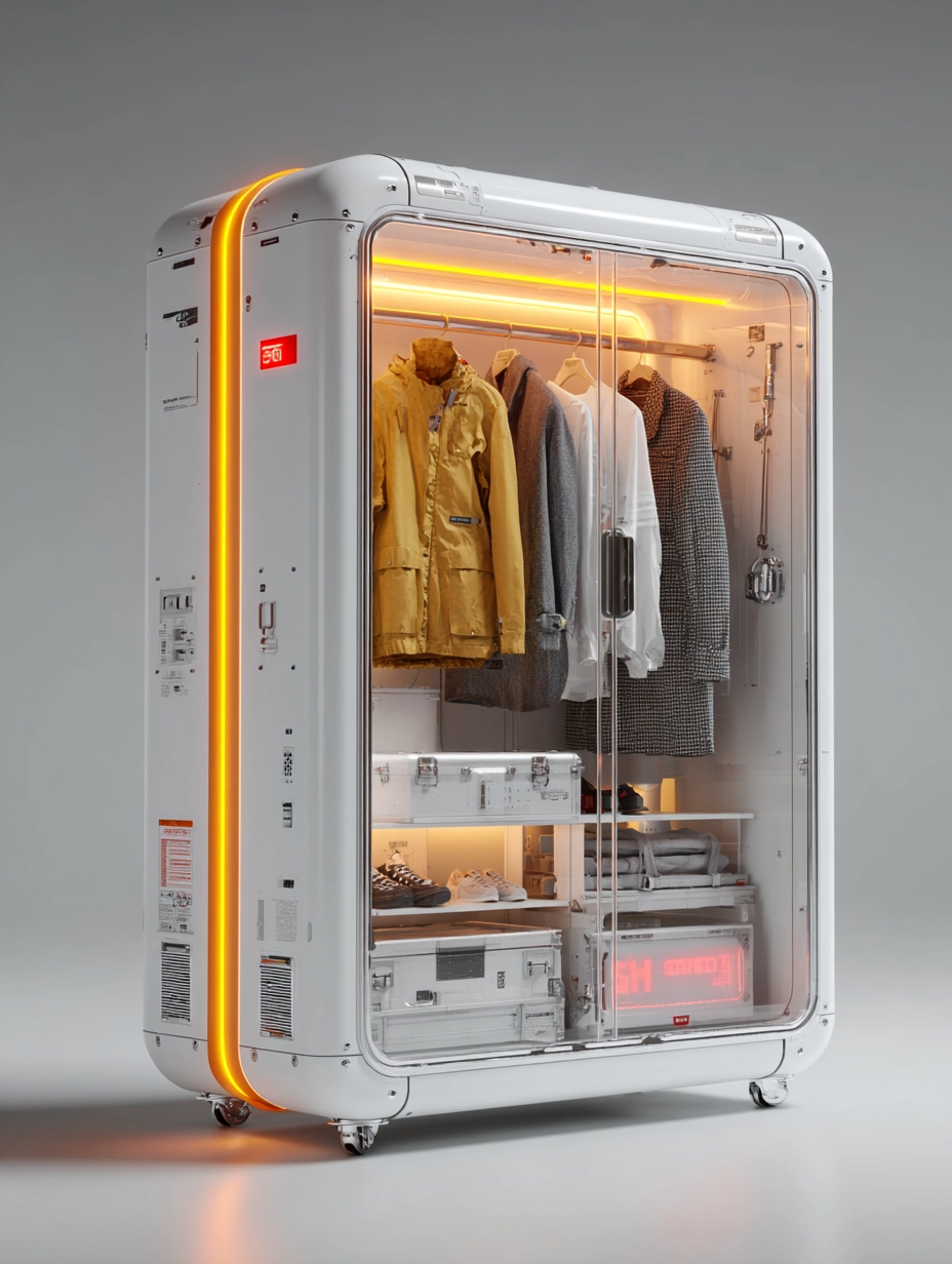 A futuristic smart wardrobe displaying coats, shirts, and shoes neatly arranged under warm orange lighting.
