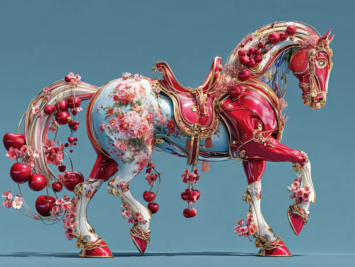 A red mechanical horse adorned with floral armor – symbolizing the harmony between human creativity and technology