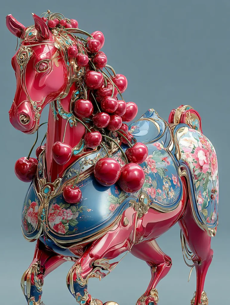 Futuristic red mechanical horse symbolizing the Year of the Red Horse – adorned with cherries and blue floral armor