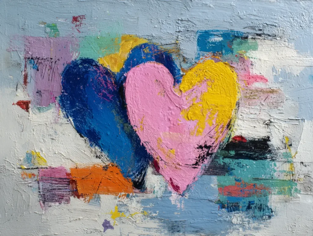 Abstract painting of two overlapping hearts in different colors and textures