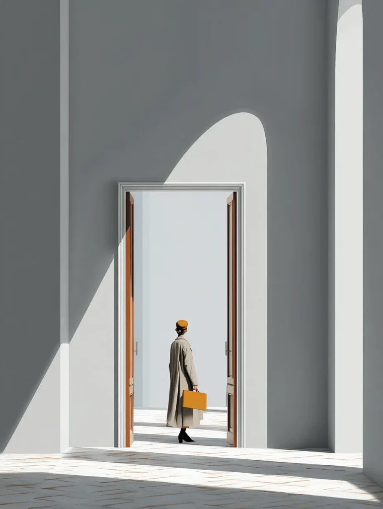 A person walking through an open doorway in an architectural space filled with light and shadow