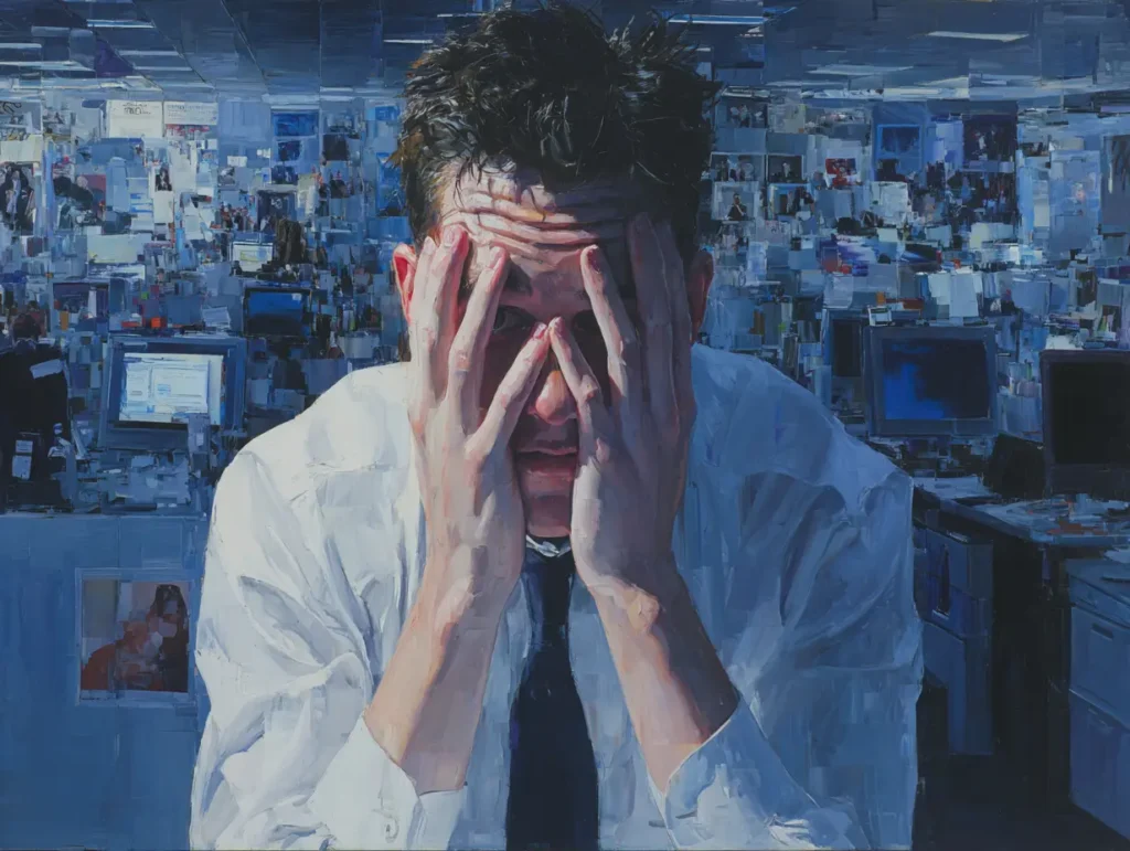 Portrait of an office worker pretending to be in deep thought, peeking through his fingers