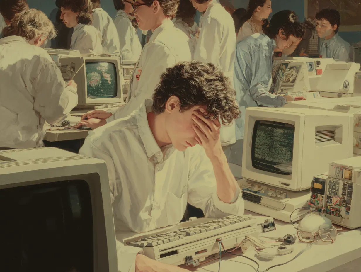 Workers immersed in tasks amid a crowded office, one holding his head in thought