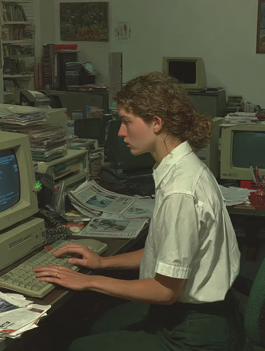 A focused office worker typing quietly on an old computer
