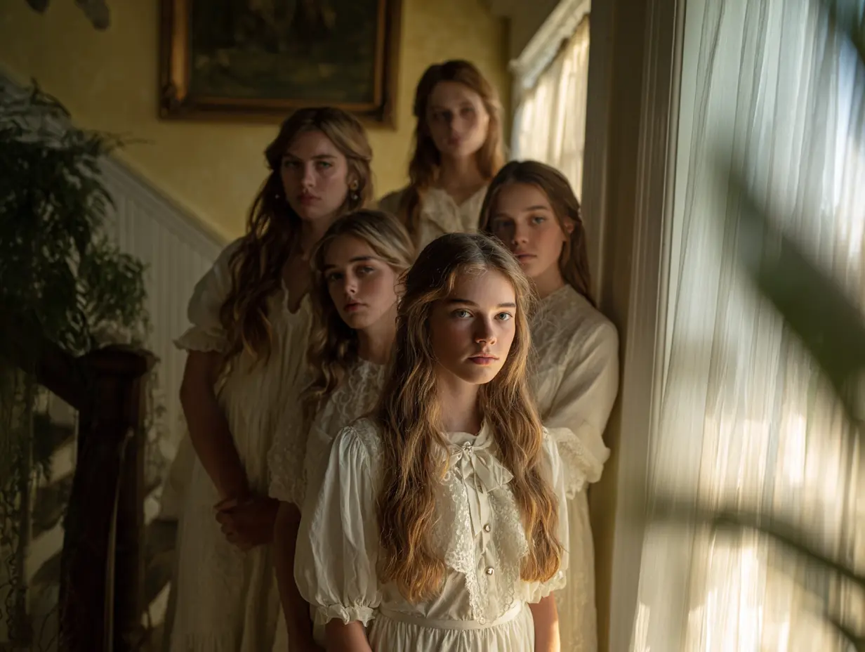 Young girls standing under soft curtains, enveloped in quiet stillness within a closed home.