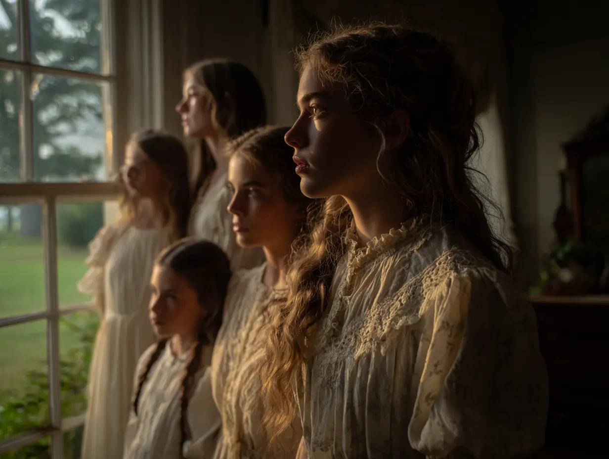 Five girls standing by a window, captured in a quiet moment of light and shadow.
