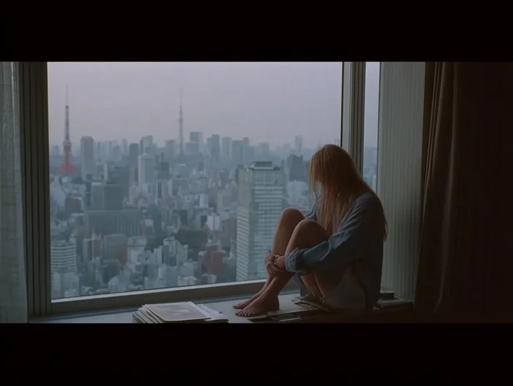 도쿄의 호텔 창가에 앉아 도시를 바라보는 젊은 여성. 고요한 새벽빛 속에서 고독과 사색이 교차하는 장면.