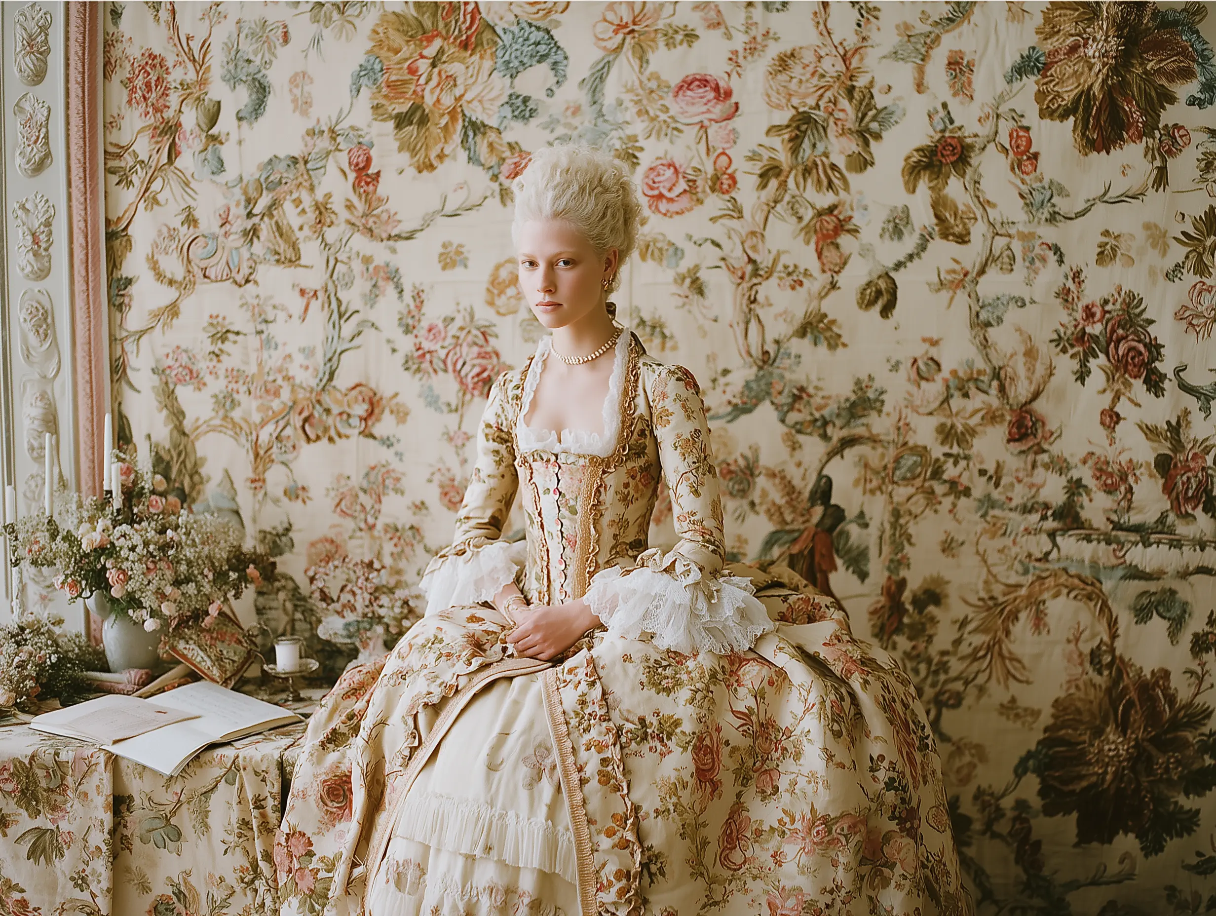 Marie Antoinette seated against a floral tapestry, blending into her surroundings