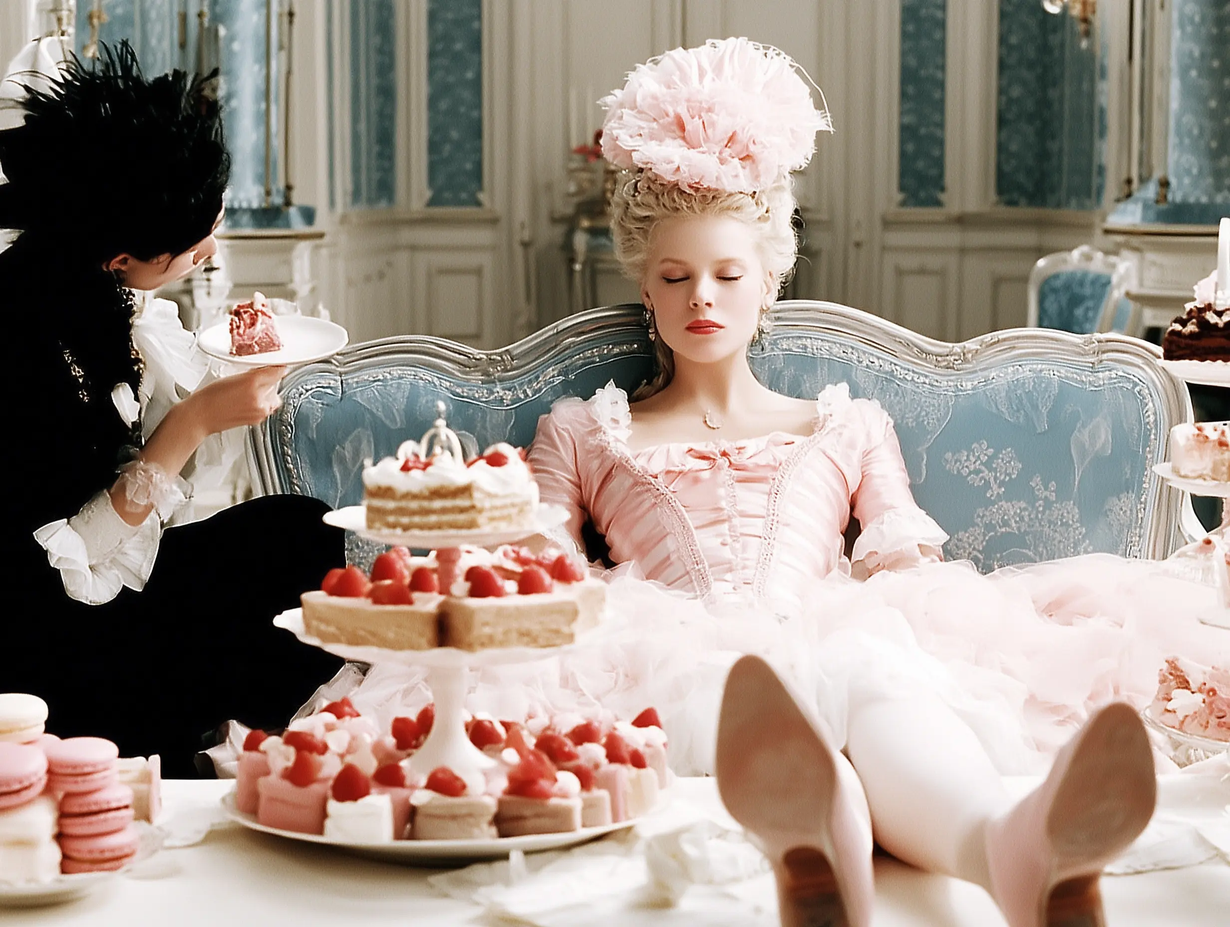 Marie Antoinette surrounded by pastel desserts and excess