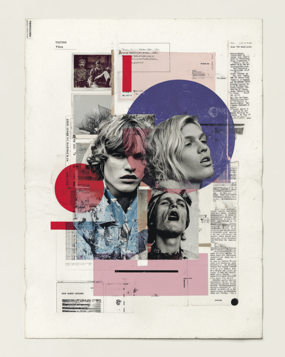 Vintage-style collage mixing a male portrait with texts and photographs