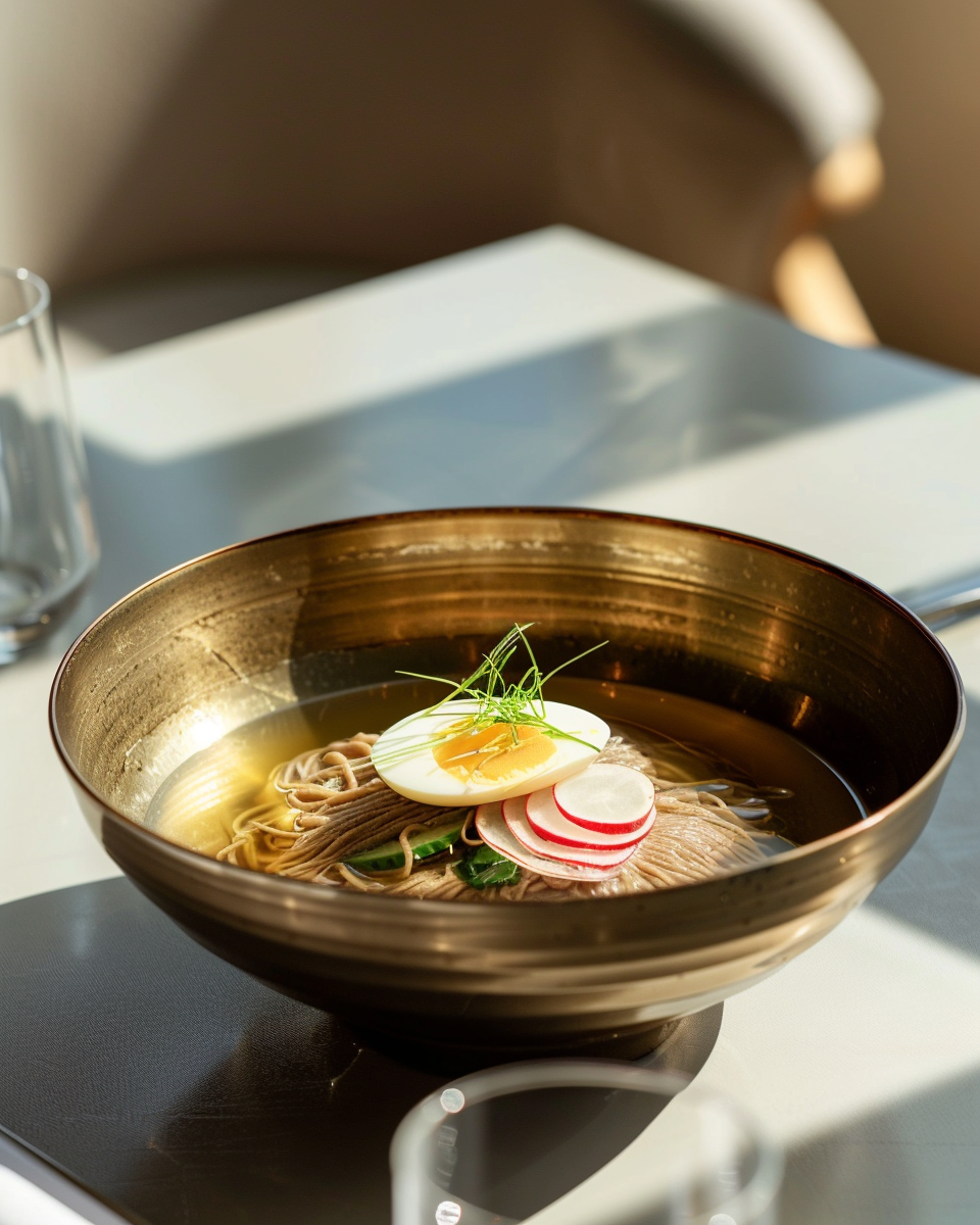 A bowl of Pyeongyang cold noodles under soft sunlight — nostalgia in restraint