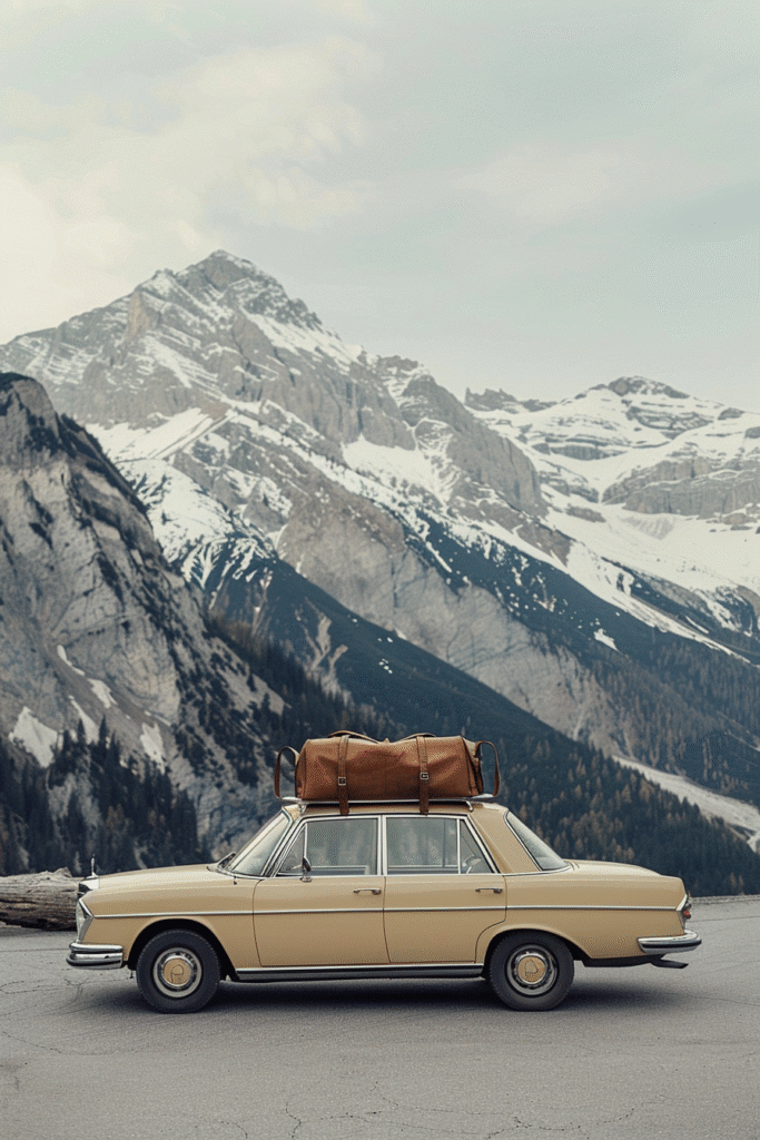 An old leather bag on top of a vintage car — symbolizing the courage to let go and the freedom of release.