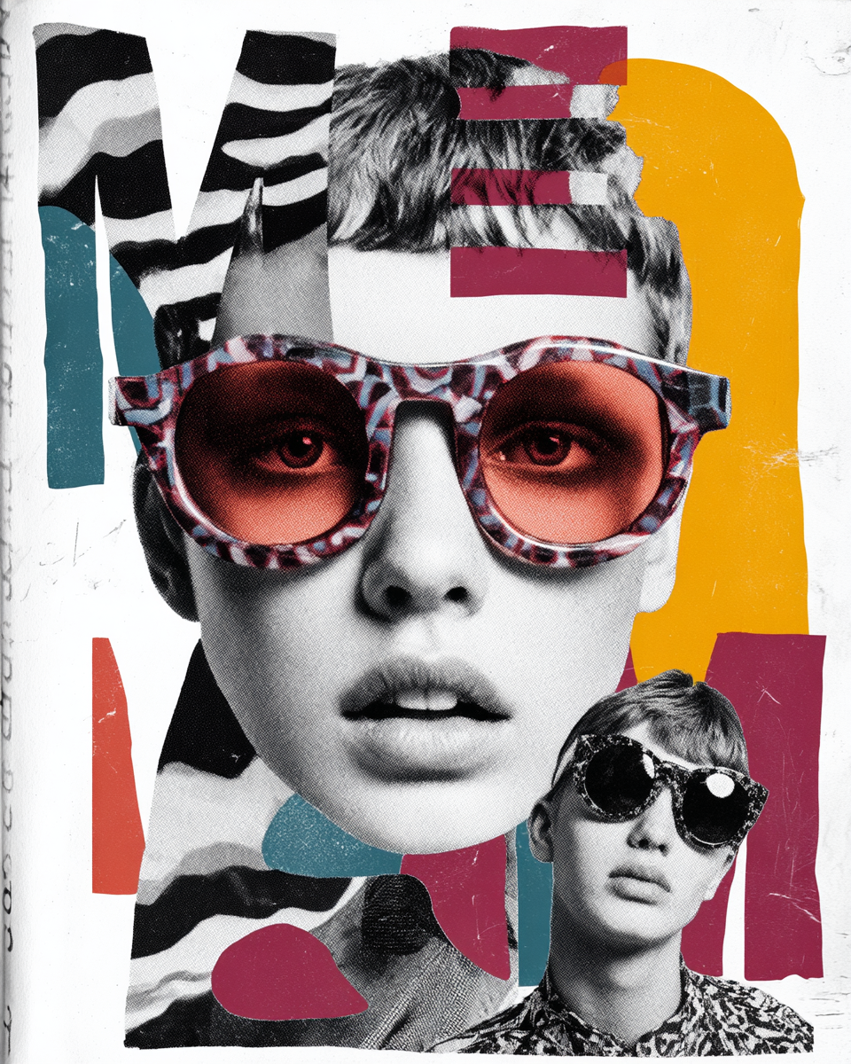 Portrait collage artwork with bold colors and graphic patterns