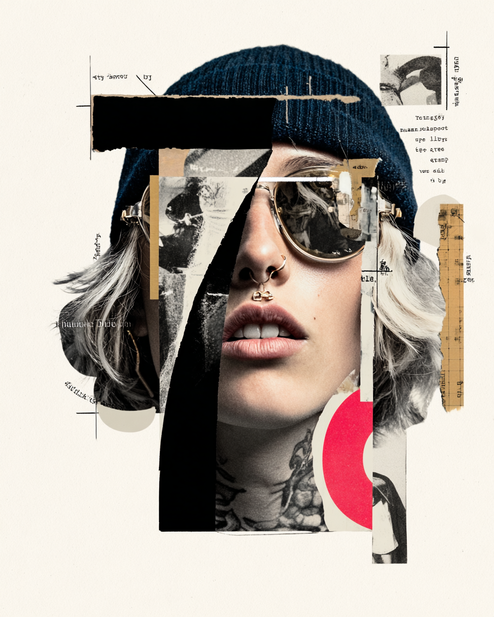 Black-and-white collage of a person wearing sunglasses and a beanie