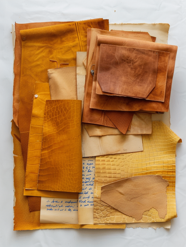 An arrangement of leather samples on paper — each texture and hue reflecting layered stories of life.