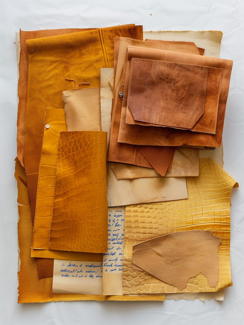 An arrangement of leather samples on paper — each texture and hue reflecting layered stories of life.