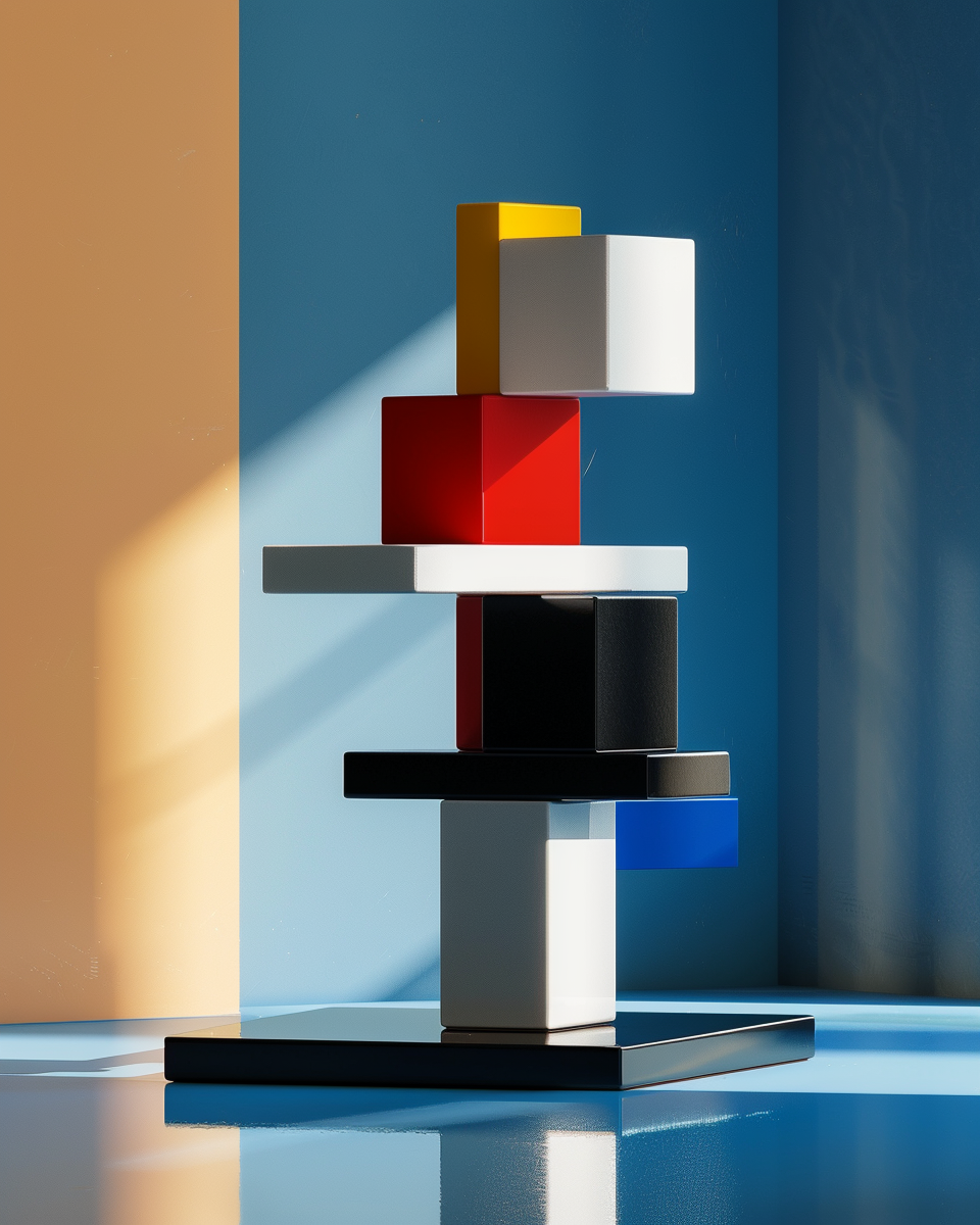 A geometric sculpture in primary colors standing in light and shadow