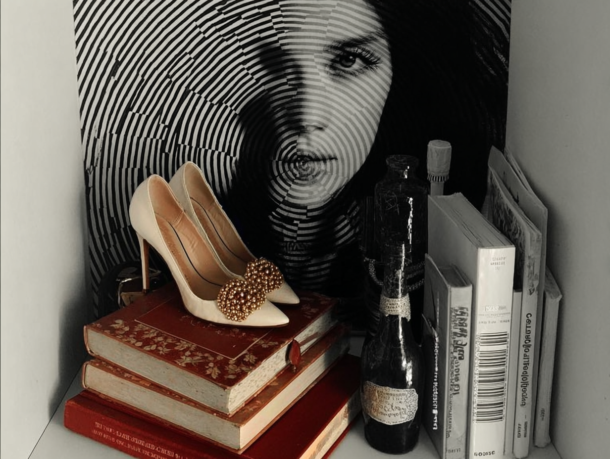A composition of high heels and a photograph placed on books