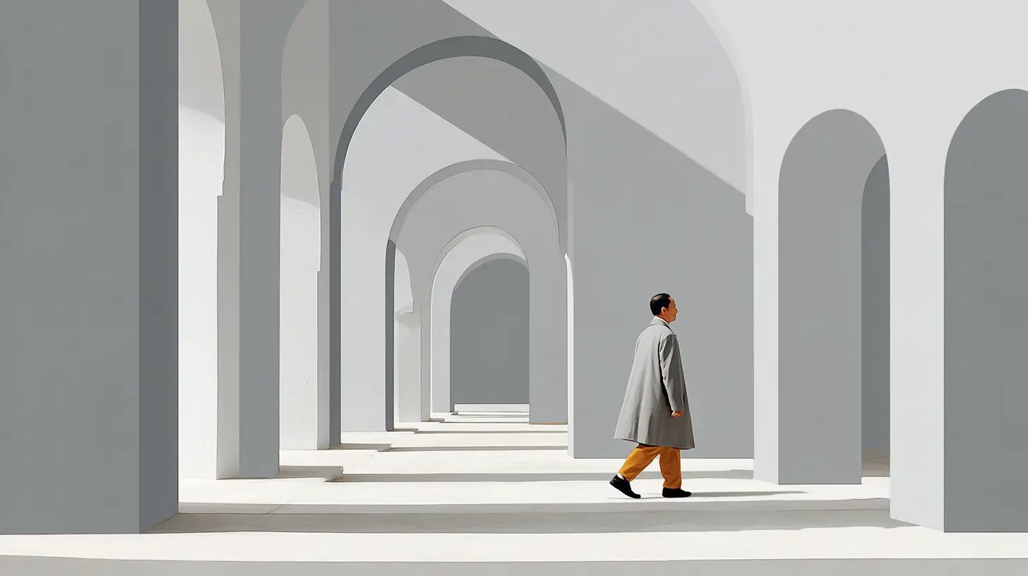 A man walking through a minimalist space with repeating arches