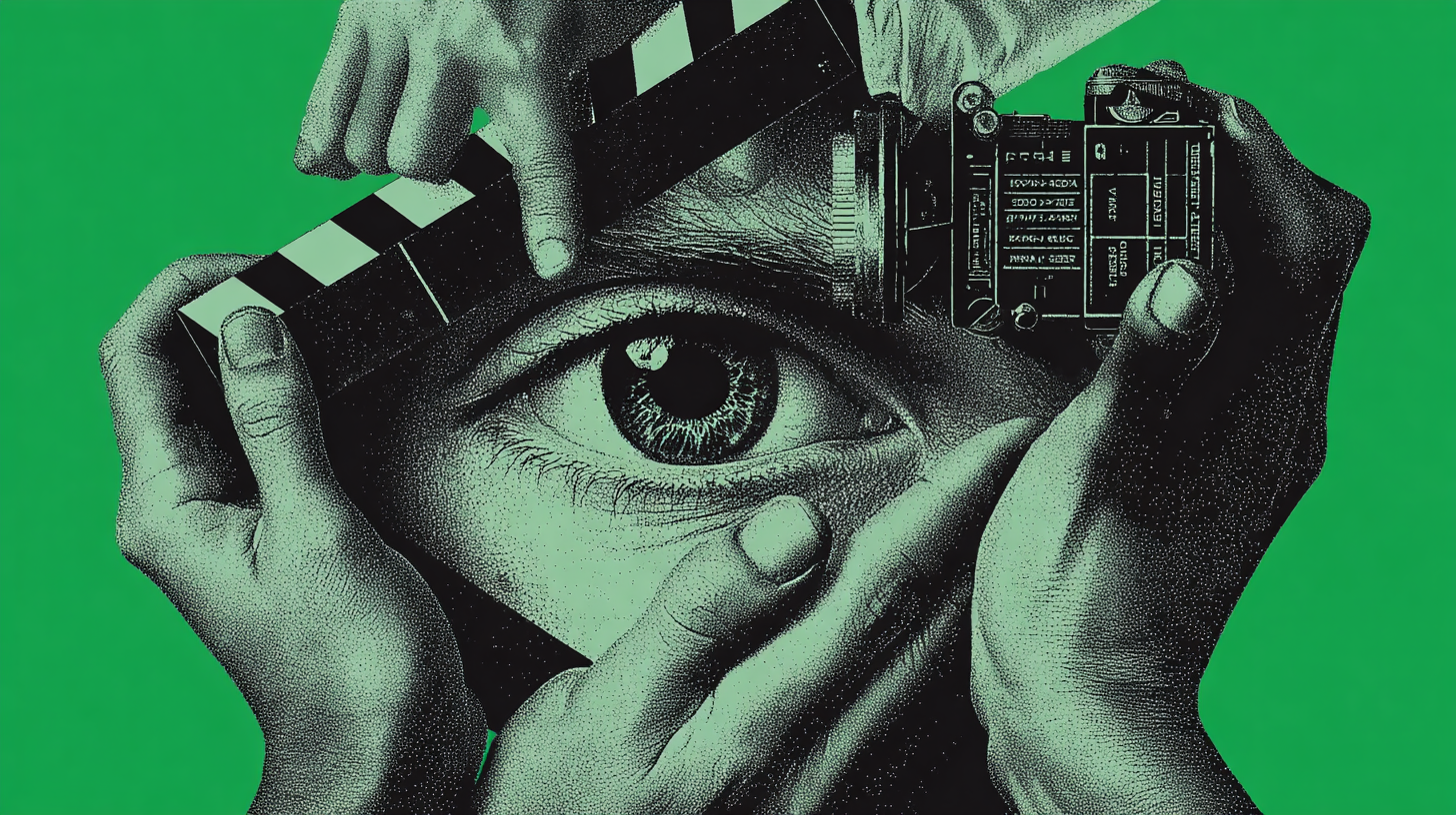 Surreal collage of an eye, hands, and a camera against a green background