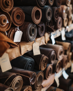 Stacks of rolled leather in various tones and textures — showing the vitality of materials marked by time and touch.