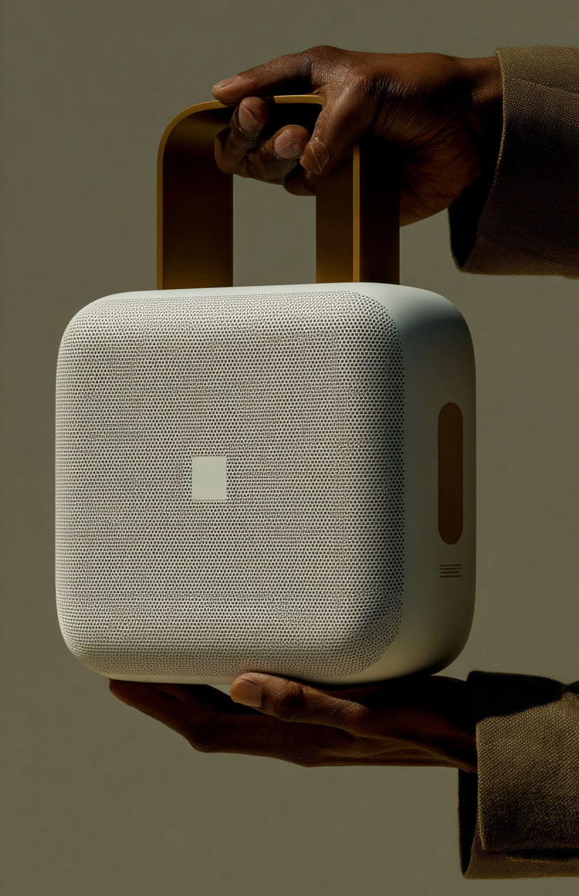 Modern speaker design held in both hands