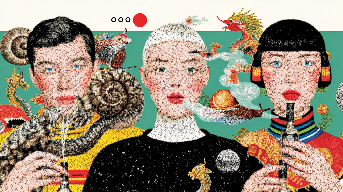 Surreal illustration of three figures surrounded by symbolic animals, representing the complexity of human emotions.