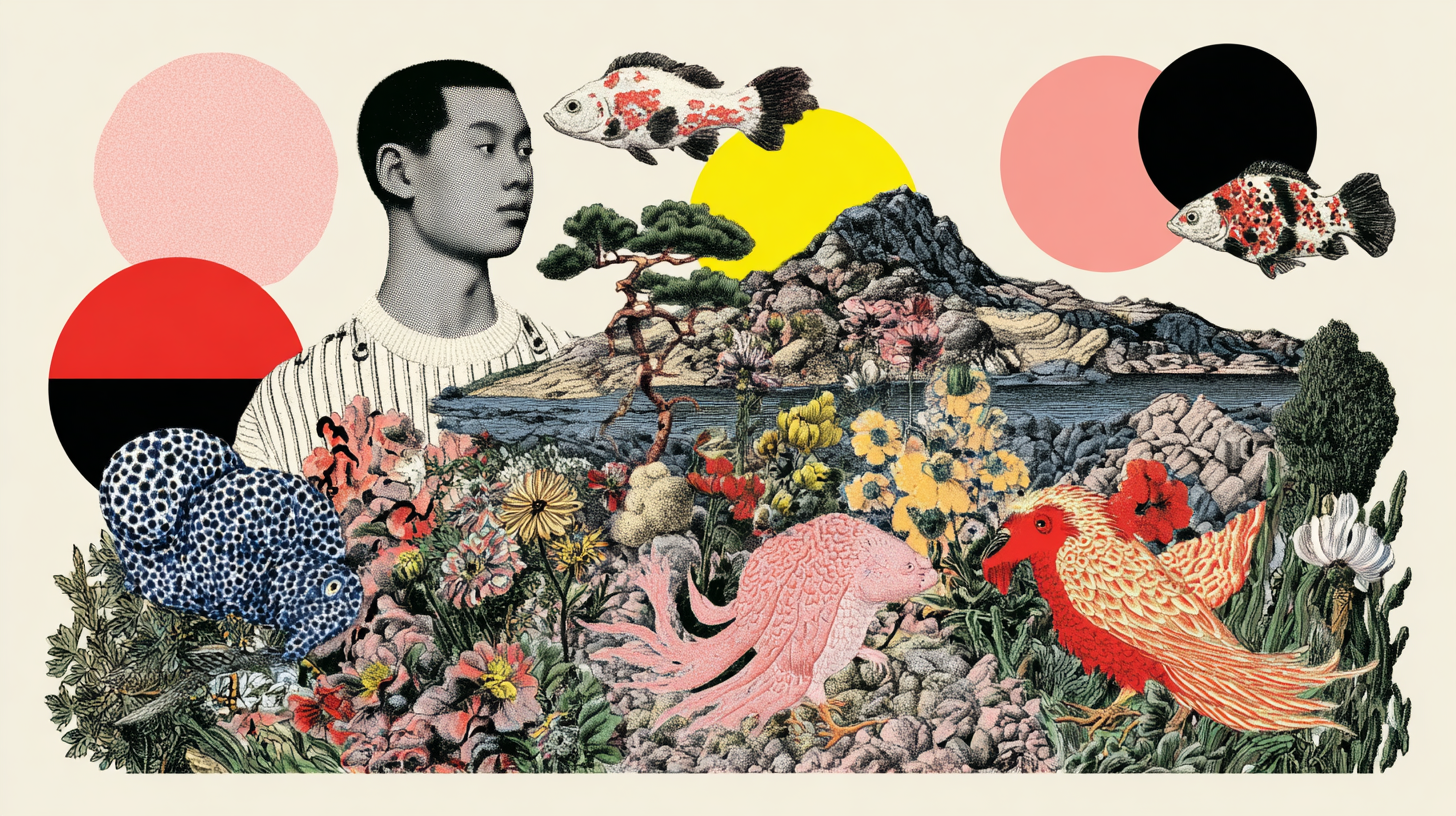 Surreal landscape blending humans, animals, and nature — representing the ecological connection of emotions.