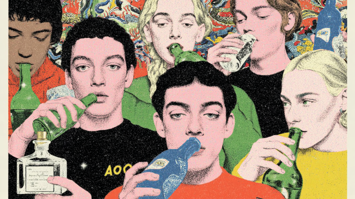 A group of people holding bottles, each with different expressions — symbolizing emotional distance and connection.