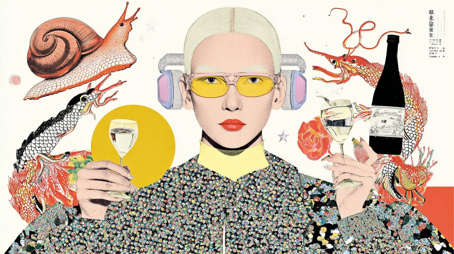 A surreal portrait of a figure holding two glasses among mythical creatures — symbolizing emotional balance and restraint.