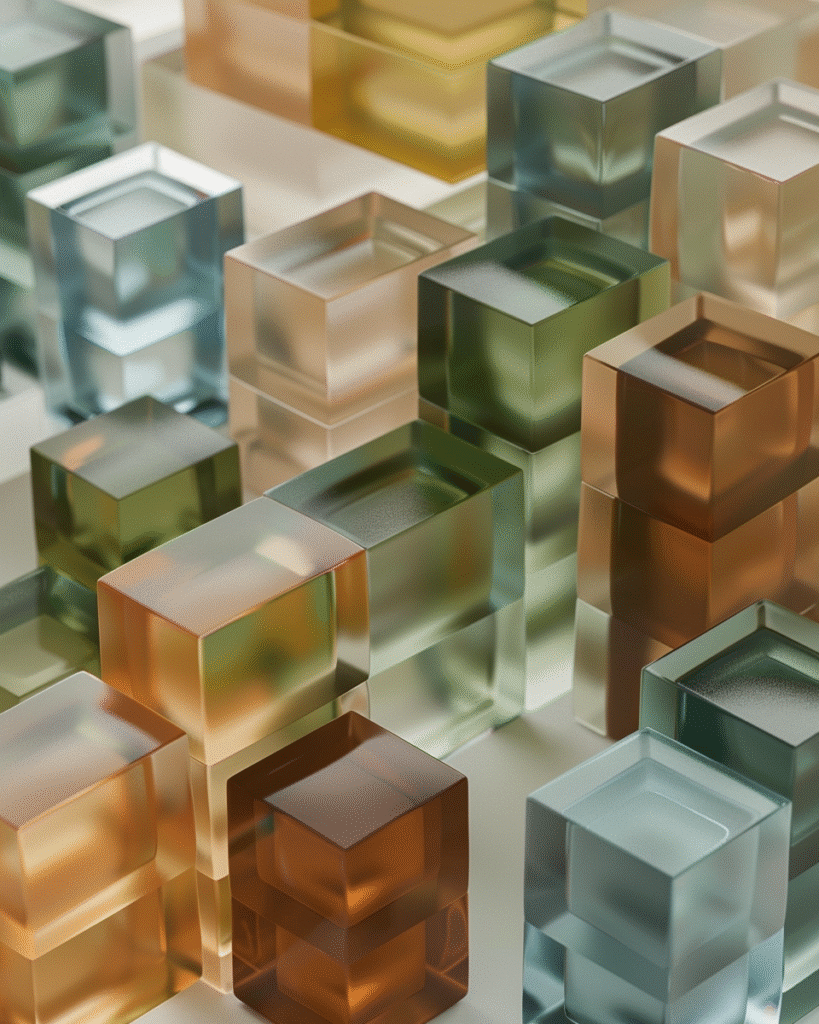 Translucent warm-toned glass cubes overlapping