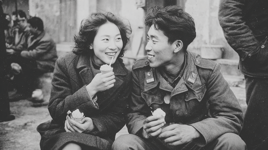 A young couple sharing ice cream after the war — love creating a moment of peace amid uncertainty.