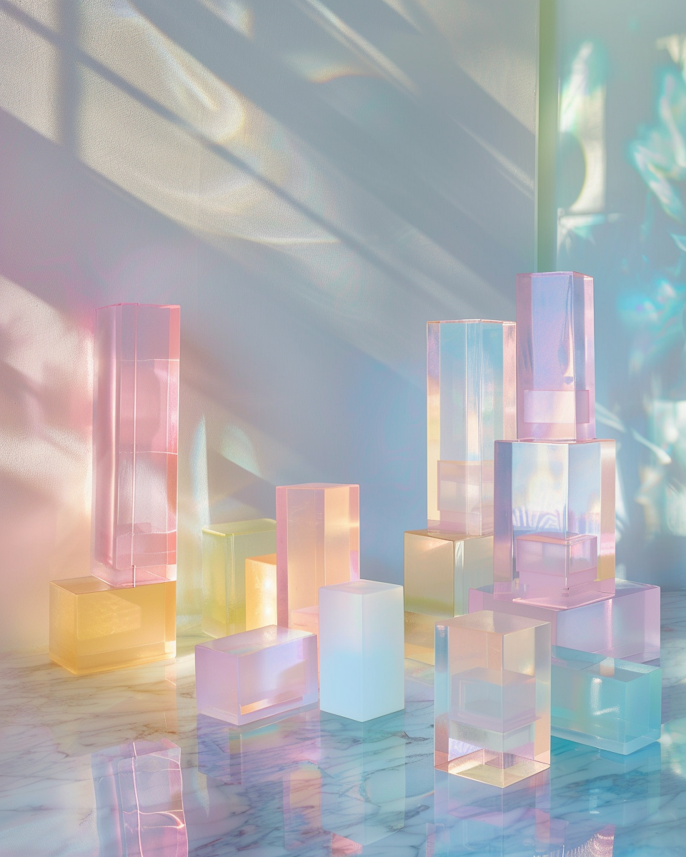Pastel glass blocks illuminated by gentle light