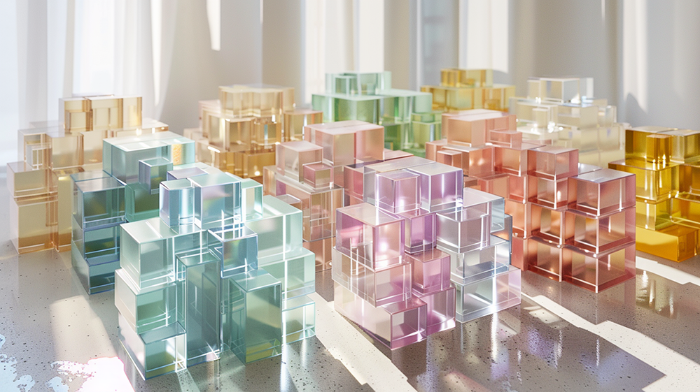 Colorful translucent cubes arranged rhythmically