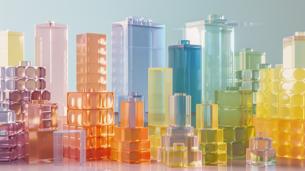 Translucent colored blocks forming a cityscape