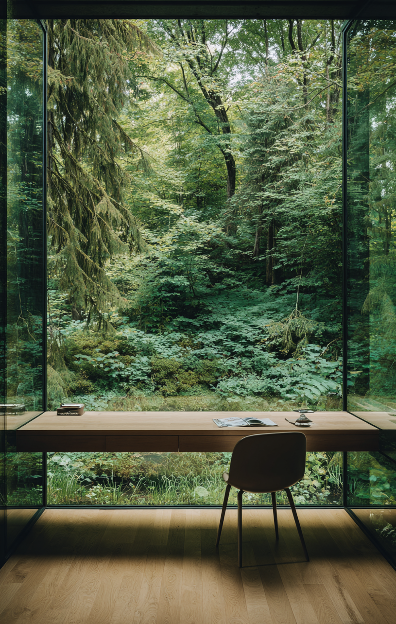 Quiet desk in a glass room facing the forest