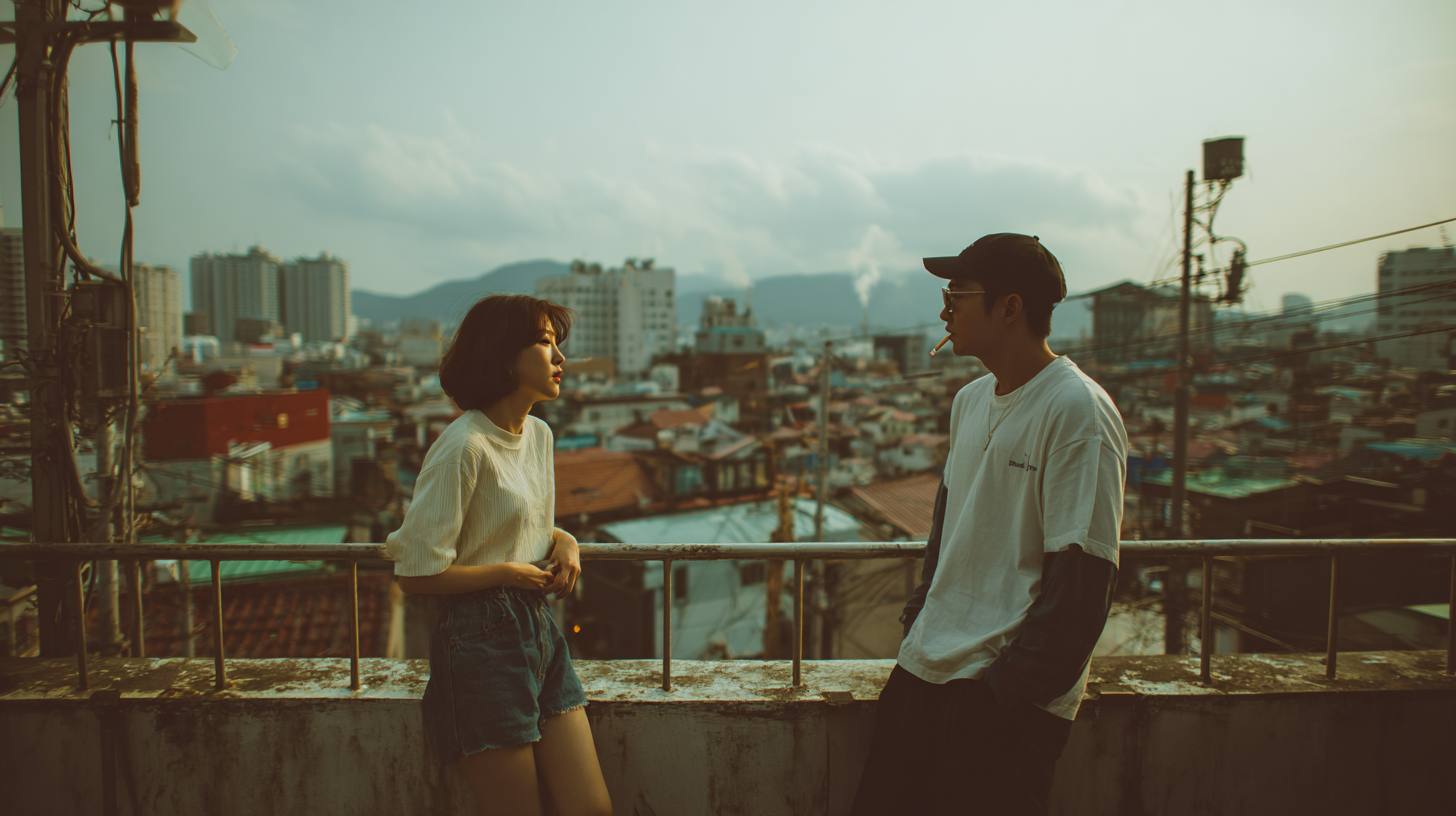 A man and woman facing each other on a rooftop — emotions suspended between closeness and distance.