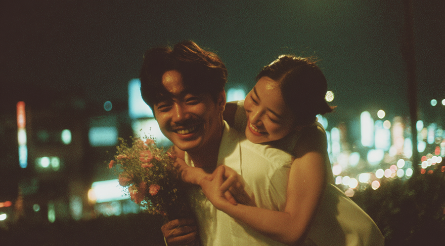 A woman hugging a man from behind under the city lights — warmth and laughter intertwined.